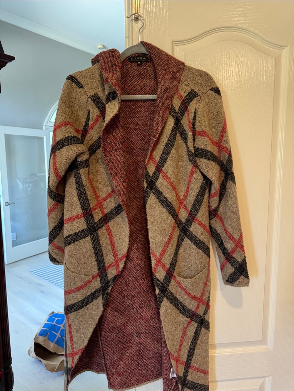 Joseph Plaid Open-Front Wool-Blend Long Cardigan - Taupe, Red, Black